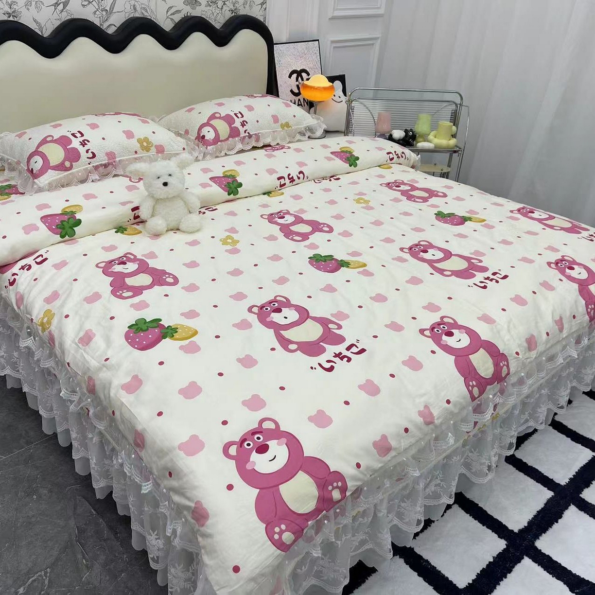 91家纺网 家纺一手货源 找家纺 （总）禧瑞谷 2025新款双层花边纯棉床盖雪纺蕾丝款纯棉床盖四件套