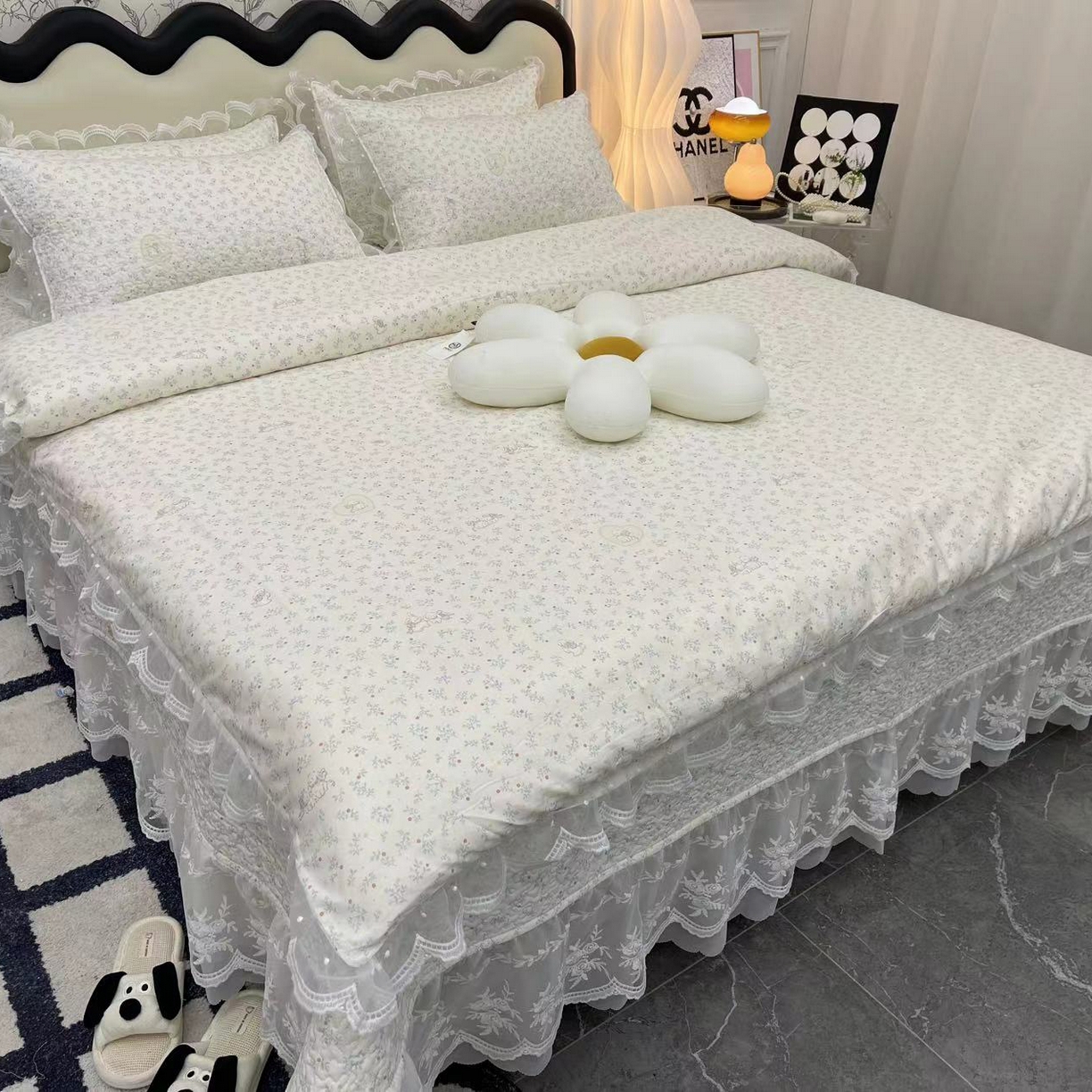 91家纺网 家纺一手货源 找家纺 （总）禧瑞谷 2025新款双层花边纯棉床盖雪纺蕾丝款纯棉床盖四件套