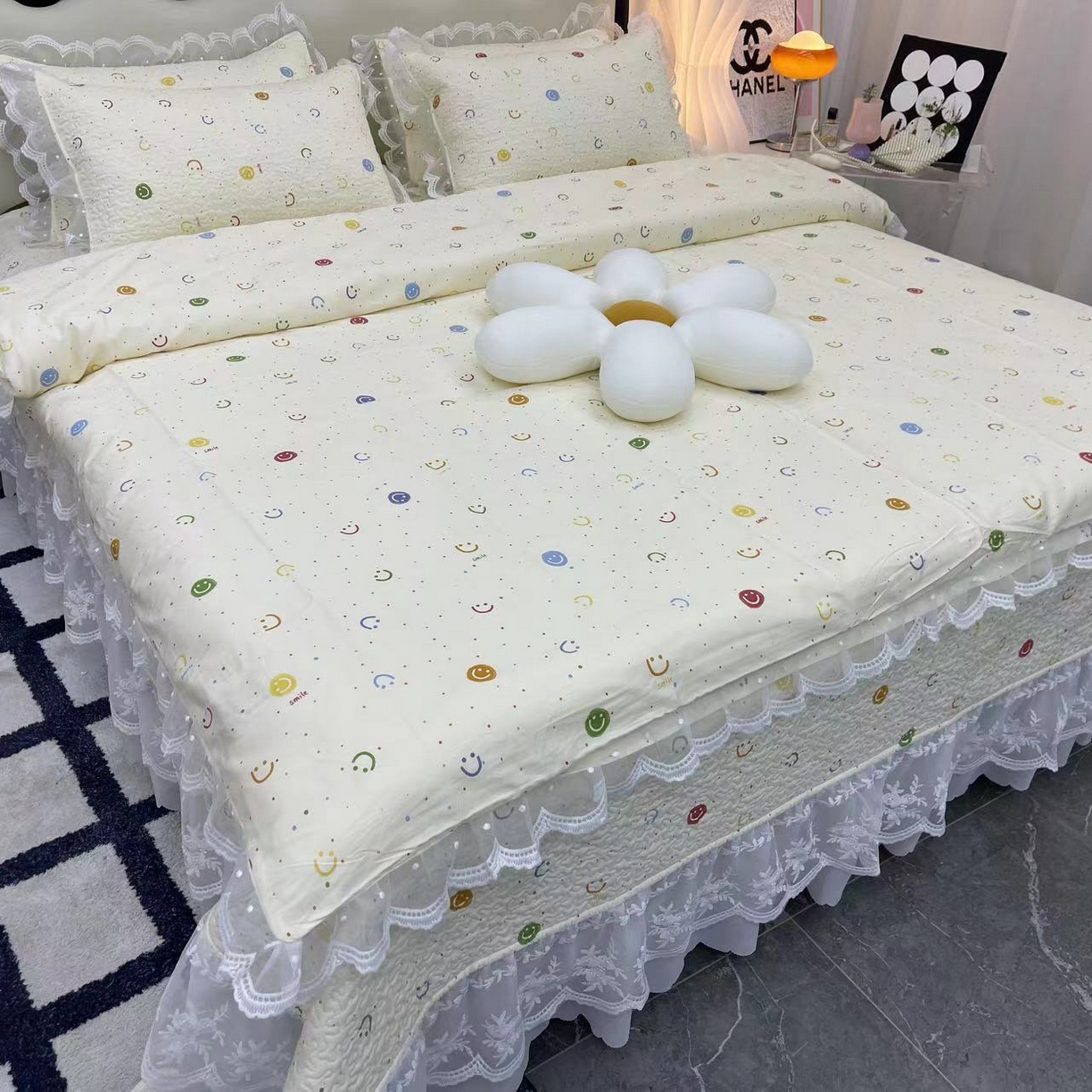 91家纺网 家纺一手货源 找家纺 （总）禧瑞谷 2025新款双层花边纯棉床盖雪纺蕾丝款纯棉床盖四件套