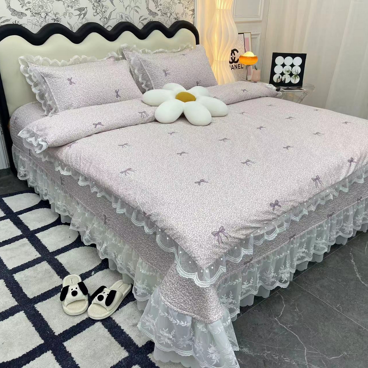 91家纺网 家纺一手货源 找家纺 （总）禧瑞谷 2025新款双层花边纯棉床盖雪纺蕾丝款纯棉床盖四件套