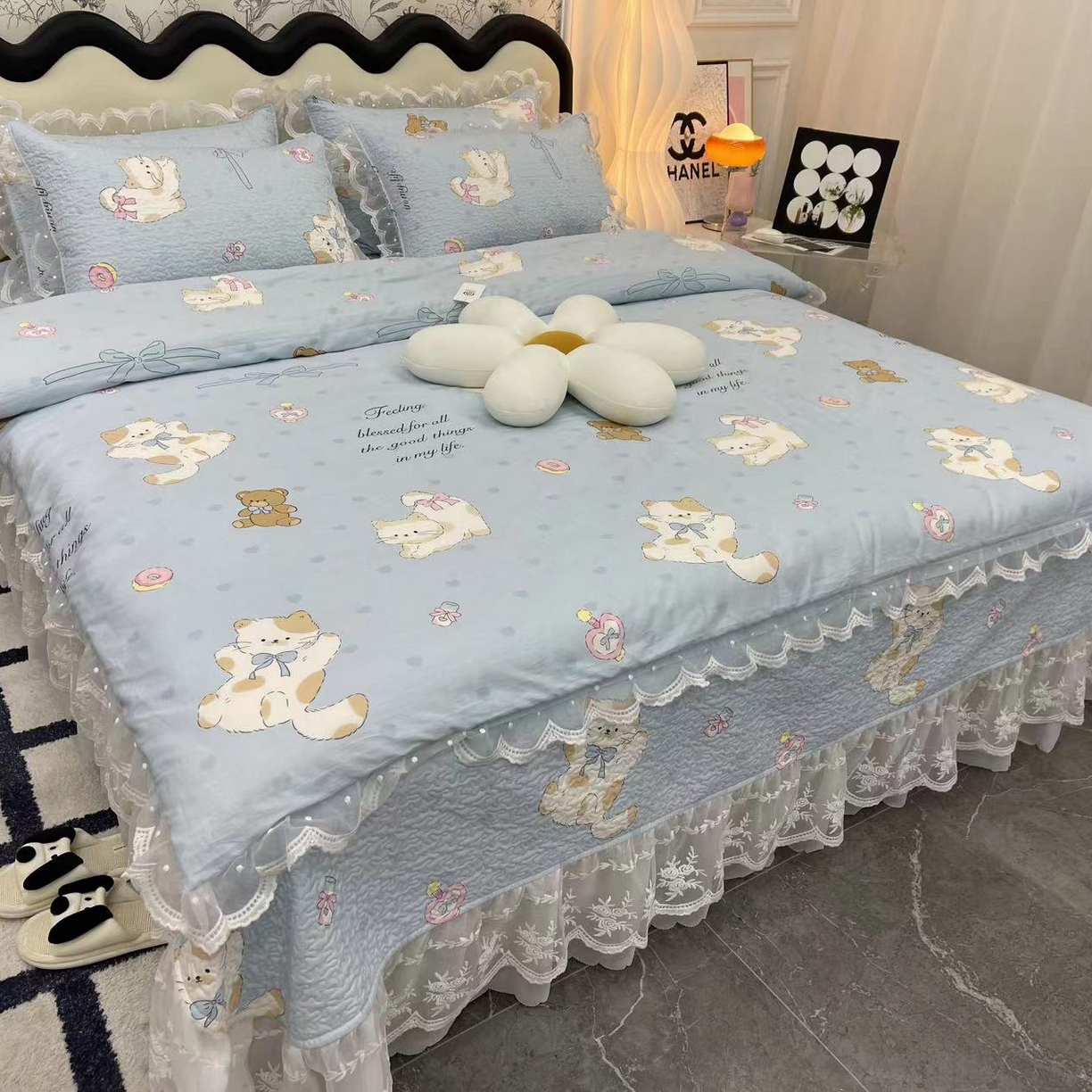 禧瑞谷 2025新款双层花边纯棉床盖雪纺蕾丝款纯棉床盖四件套 蓝色猫咪