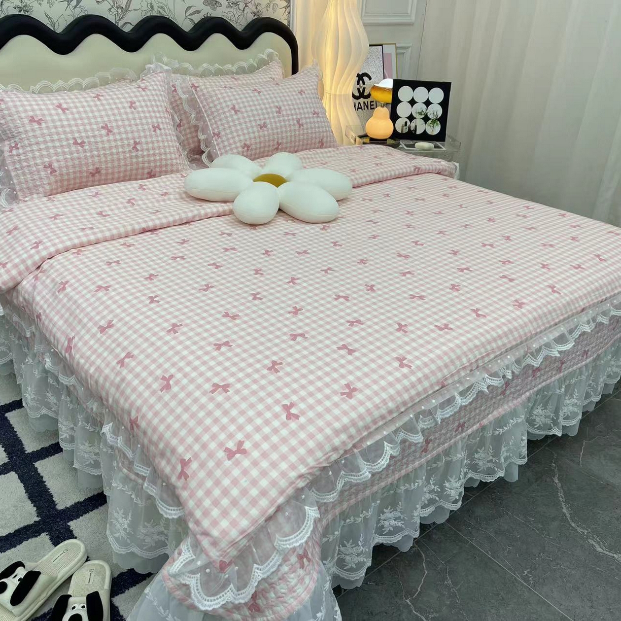 禧瑞谷 2025新款双层花边纯棉床盖雪纺蕾丝款纯棉床盖四件套 洛丽塔粉