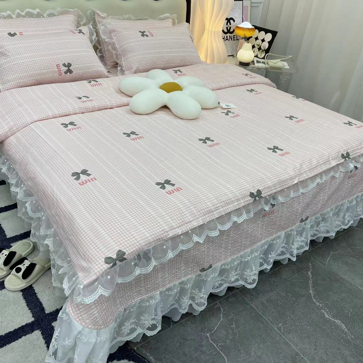 禧瑞谷 2025新款双层花边纯棉床盖雪纺蕾丝款纯棉床盖四件套 缪格子紫蝴蝶结