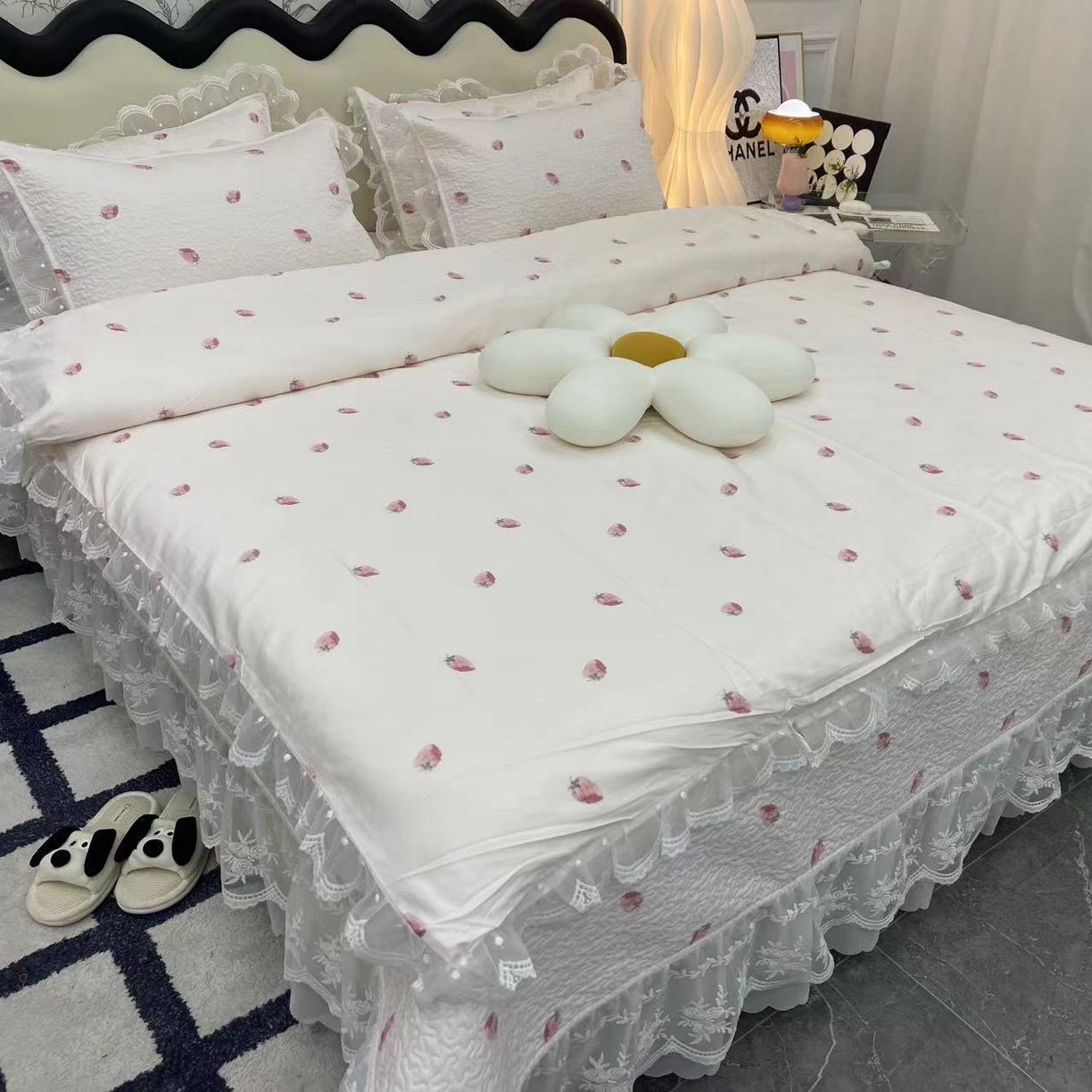 禧瑞谷 2025新款双层花边纯棉床盖雪纺蕾丝款纯棉床盖四件套 奶油草莓