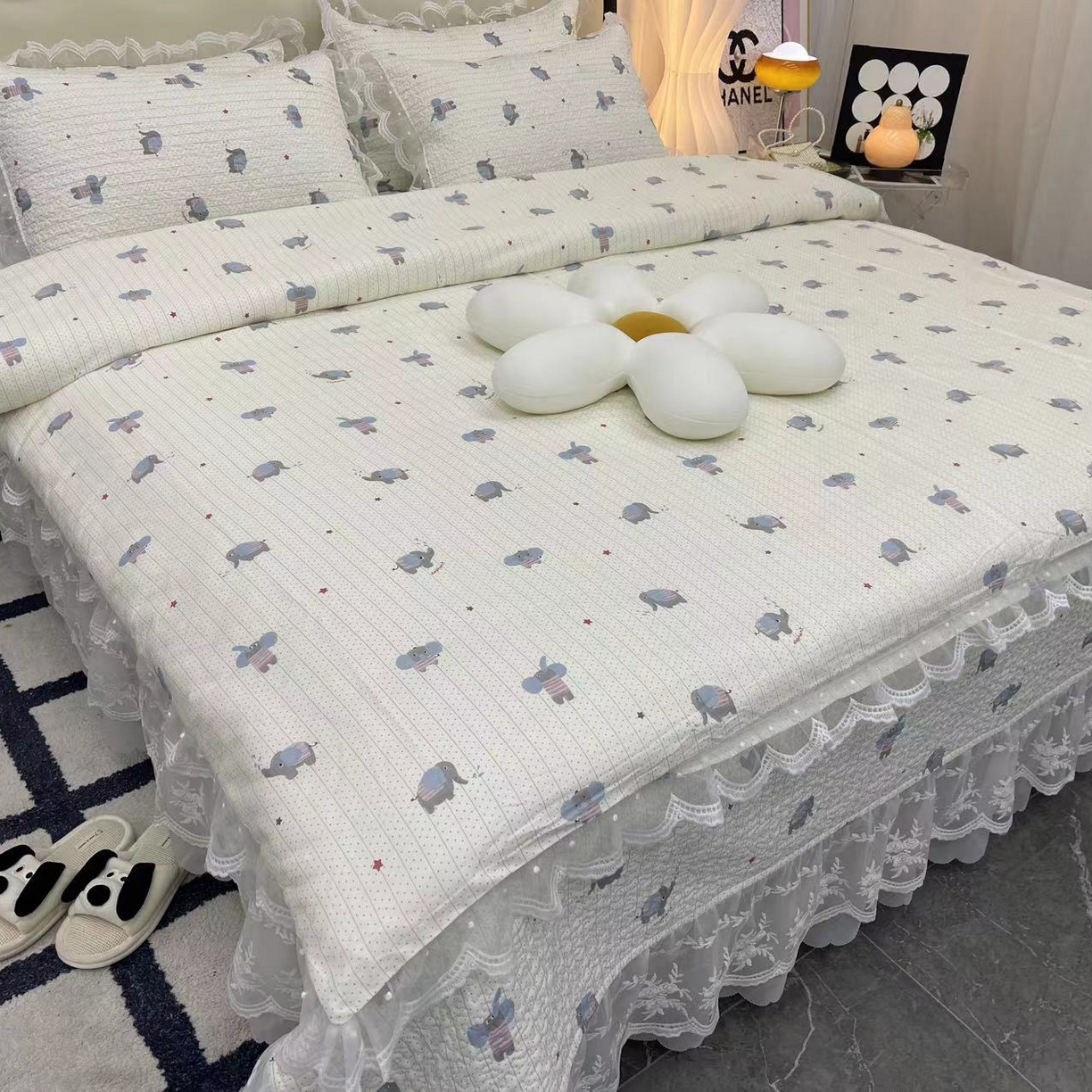 禧瑞谷 2025新款双层花边纯棉床盖雪纺蕾丝款纯棉床盖四件套 顽皮象