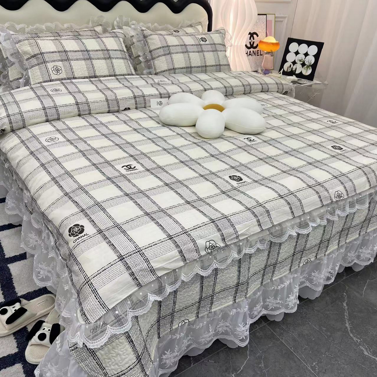 禧瑞谷 2025新款双层花边纯棉床盖雪纺蕾丝款纯棉床盖四件套 香香格子