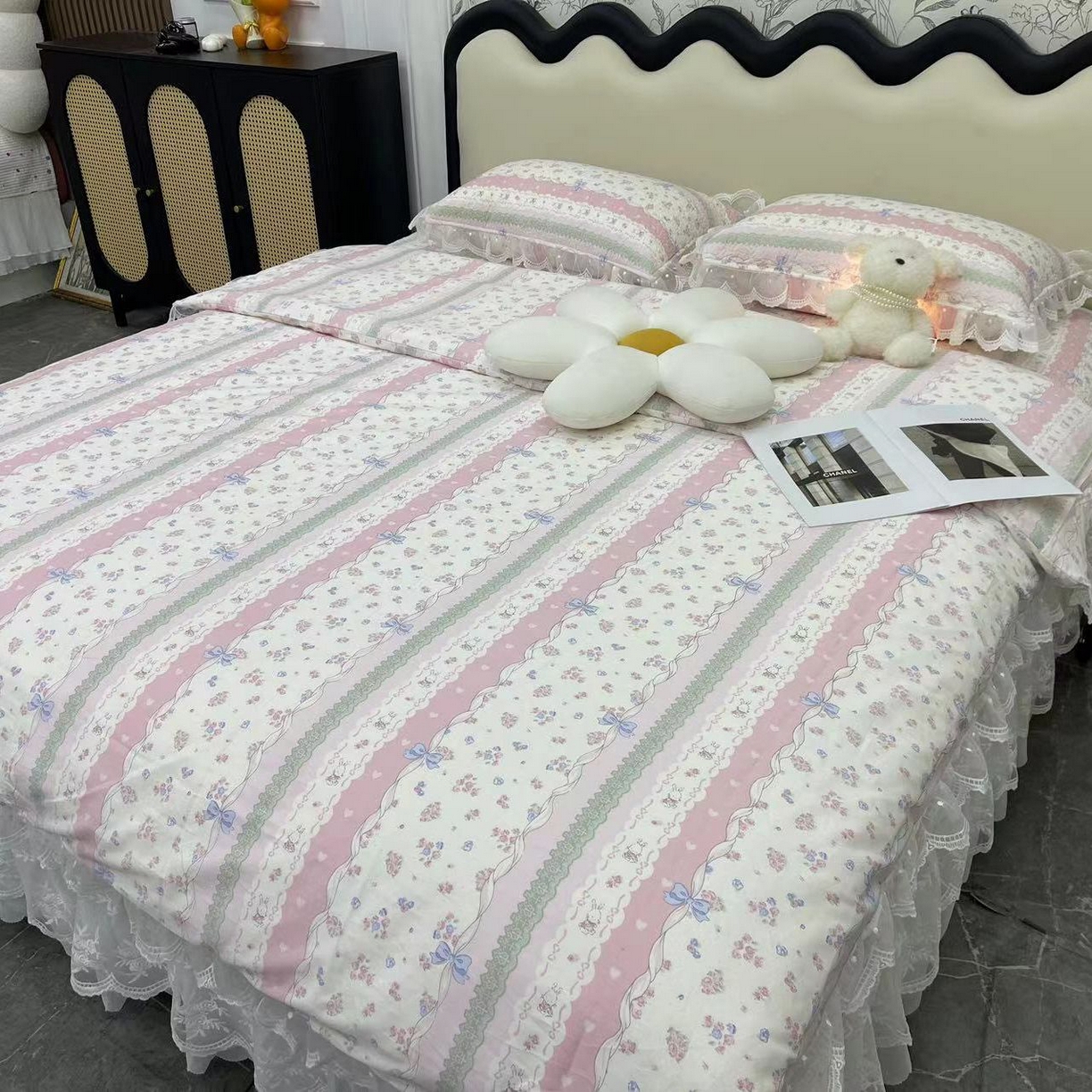禧瑞谷 2025新款双层花边纯棉床盖雪纺蕾丝款纯棉床盖四件套 新条纹蝴蝶结