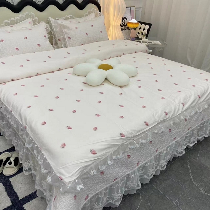 91家纺网 家纺一手货源 找家纺 （总）禧瑞谷 2025新款双层花边纯棉床盖雪纺蕾丝款纯棉床盖四件套