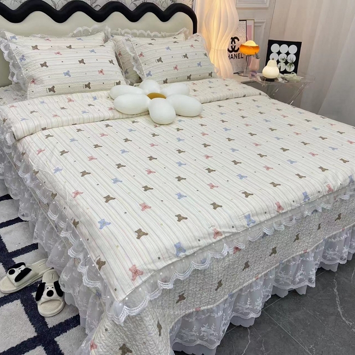 91家纺网 家纺一手货源 找家纺 （总）禧瑞谷 2025新款双层花边纯棉床盖雪纺蕾丝款纯棉床盖四件套