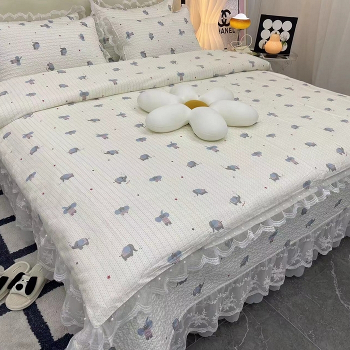 91家纺网 家纺一手货源 找家纺 （总）禧瑞谷 2025新款双层花边纯棉床盖雪纺蕾丝款纯棉床盖四件套