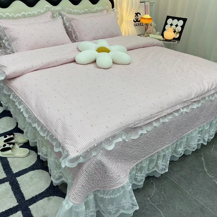 91家纺网 家纺一手货源 找家纺 （总）禧瑞谷 2025新款双层花边纯棉床盖雪纺蕾丝款纯棉床盖四件套