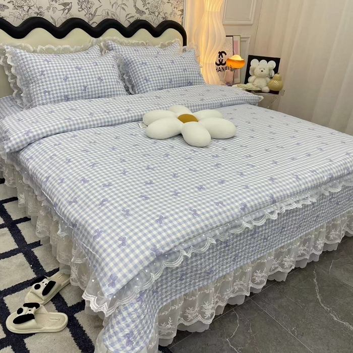 91家纺网 家纺一手货源 找家纺 （总）禧瑞谷 2025新款双层花边纯棉床盖雪纺蕾丝款纯棉床盖四件套