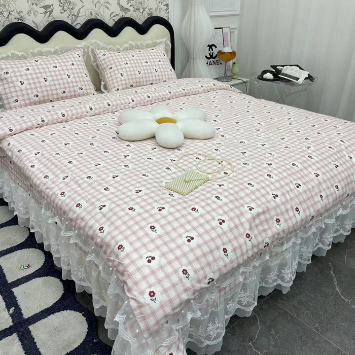 91家纺网 家纺一手货源 找家纺 （总）禧瑞谷 2025新款双层花边纯棉床盖雪纺蕾丝款纯棉床盖四件套