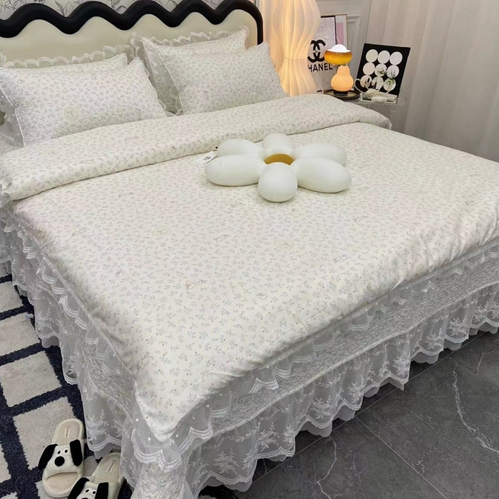 91家纺网 家纺一手货源 找家纺 （总）禧瑞谷 2025新款双层花边纯棉床盖雪纺蕾丝款纯棉床盖四件套