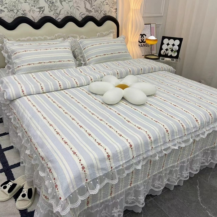 91家纺网 家纺一手货源 找家纺 （总）禧瑞谷 2025新款双层花边纯棉床盖雪纺蕾丝款纯棉床盖四件套