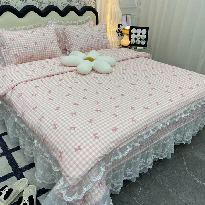 91家纺网 家纺一手货源 找家纺 （总）禧瑞谷 2025新款双层花边纯棉床盖雪纺蕾丝款纯棉床盖四件套