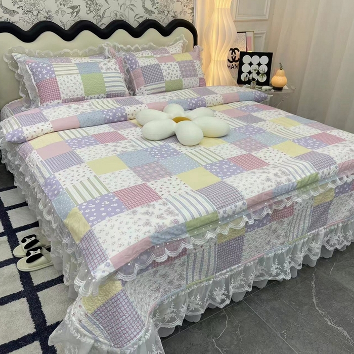 91家纺网 家纺一手货源 找家纺 （总）禧瑞谷 2025新款双层花边纯棉床盖雪纺蕾丝款纯棉床盖四件套