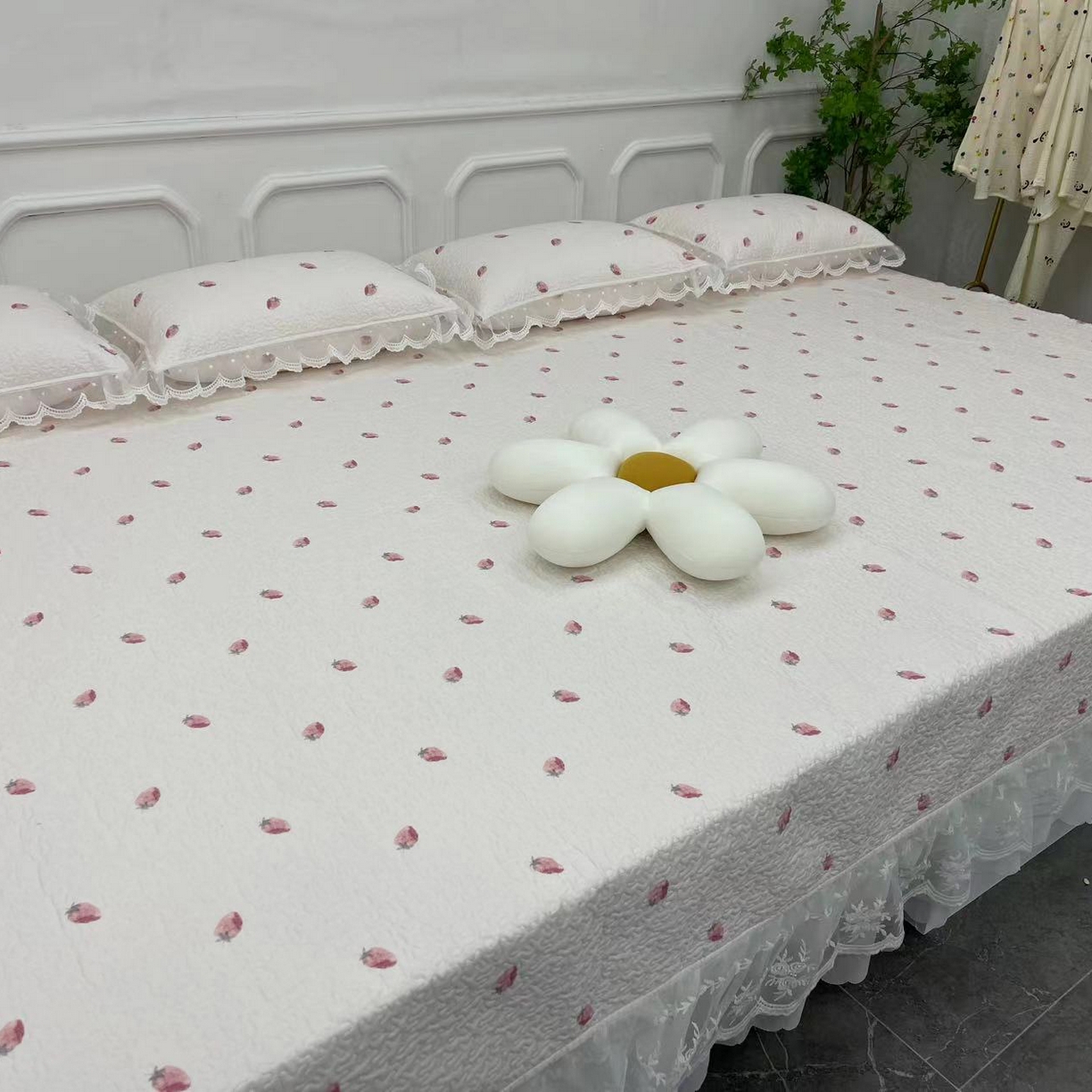 禧瑞谷 2025新款全棉纯棉双层花边绗缝夹棉榻榻米支持定制农村大炕盖 奶油草莓