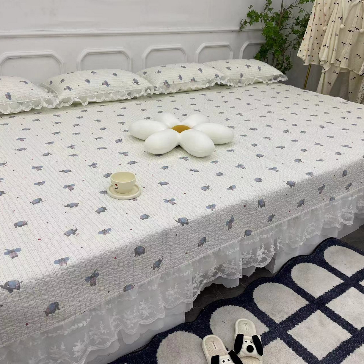 91家纺网 家纺一手货源 找家纺 禧瑞谷 2025新款全棉纯棉双层花边绗缝夹棉榻榻米支持定制农村大炕盖 顽皮象