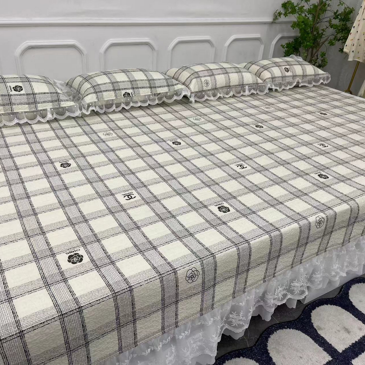 91家纺网 家纺一手货源 找家纺 禧瑞谷 2025新款双层花边纯棉床盖雪纺蕾丝款纯棉床盖四件套 心想柿成