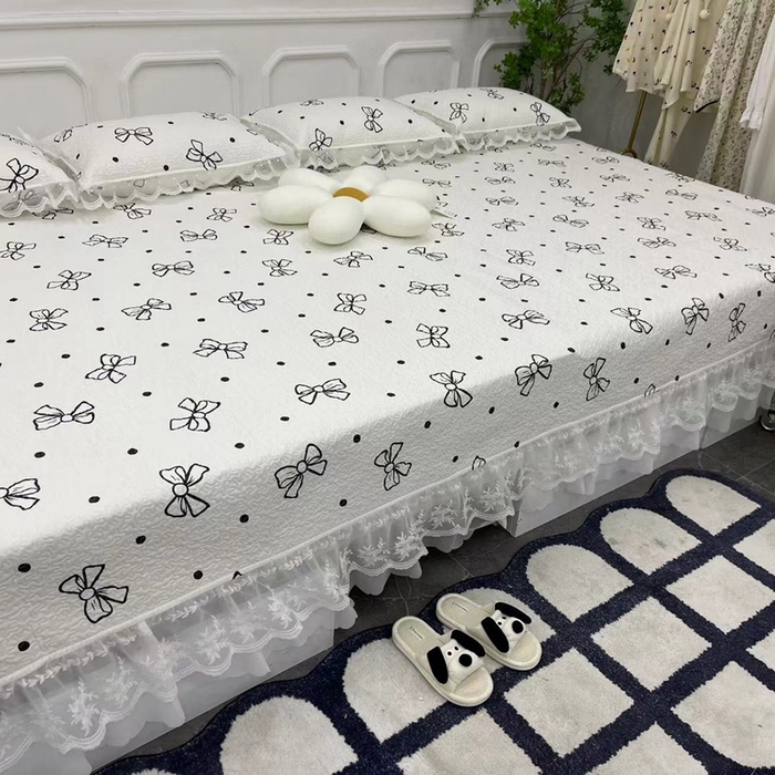 91家纺网 家纺一手货源 找家纺 禧瑞谷 2025新款双层花边纯棉床盖雪纺蕾丝款纯棉床盖四件套 奶油小狗