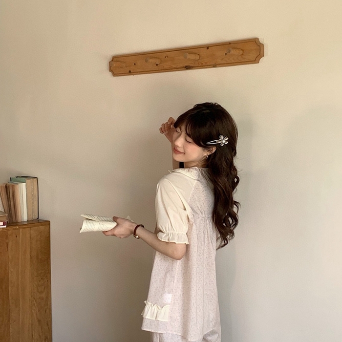 （总）妍景家居生活馆 2025新款25617-韩系碎花圆领前扣短袖套装