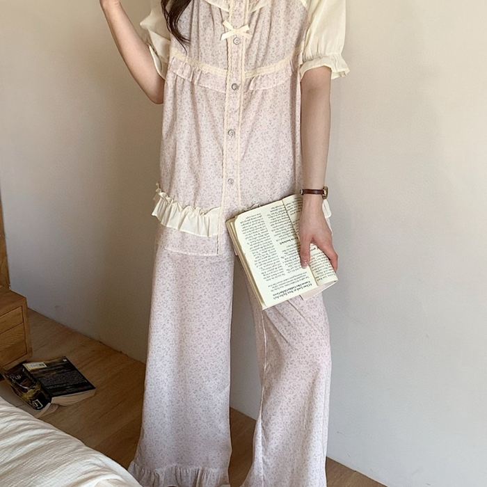 91家纺网 家纺一手货源 找家纺 （总）妍景家居生活馆 2025新款25617-韩系碎花圆领前扣短袖套装