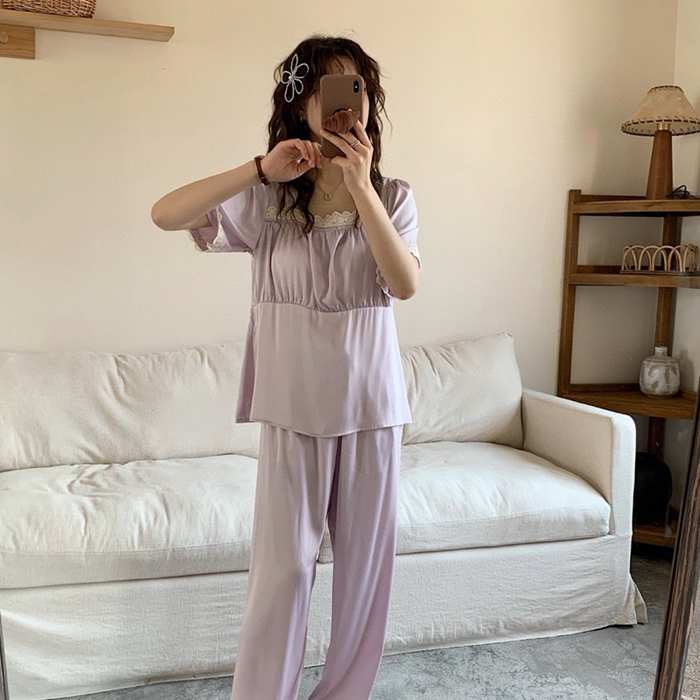 91家纺网 家纺一手货源 找家纺 （总）妍景家居生活馆 2025新款25619-冰丝方领短袖蕾丝花边套装