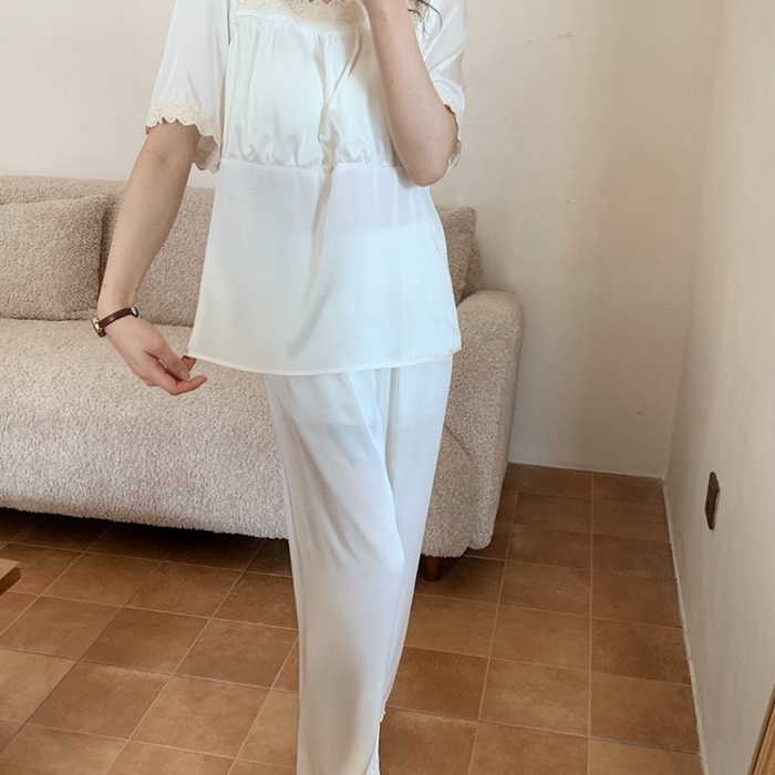 91家纺网 家纺一手货源 找家纺 妍景家居生活馆 2025新款25619-冰丝方领短袖蕾丝花边套装 白色