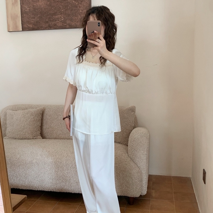 91家纺网 家纺一手货源 找家纺 妍景家居生活馆 2025新款25619-冰丝方领短袖蕾丝花边套装 白色