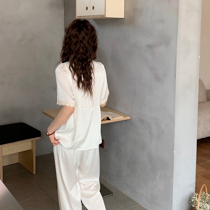 91家纺网 家纺一手货源 找家纺 妍景家居生活馆 2025新款25619-冰丝方领短袖蕾丝花边套装 白色