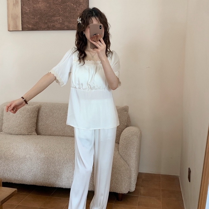 妍景家居生活馆 2025新款25619-冰丝方领短袖蕾丝花边套装 白色