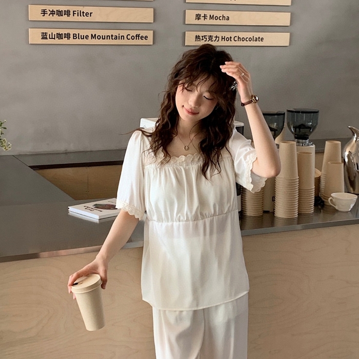 91家纺网 家纺一手货源 找家纺 妍景家居生活馆 2025新款25619-冰丝方领短袖蕾丝花边套装 白色