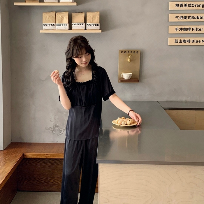 91家纺网 家纺一手货源 找家纺 妍景家居生活馆 2025新款25619-冰丝方领短袖蕾丝花边套装 黑色