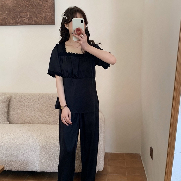 妍景家居生活馆 2025新款25619-冰丝方领短袖蕾丝花边套装 黑色