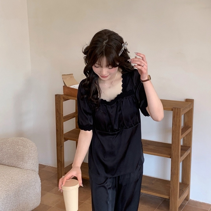 91家纺网 家纺一手货源 找家纺 妍景家居生活馆 2025新款25619-冰丝方领短袖蕾丝花边套装 黑色