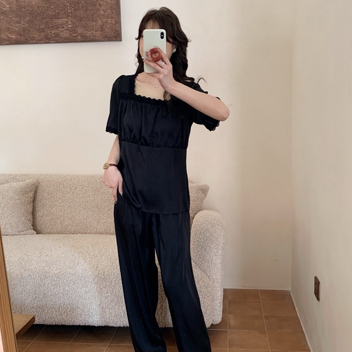 91家纺网 家纺一手货源 找家纺 妍景家居生活馆 2025新款25619-冰丝方领短袖蕾丝花边套装 黑色