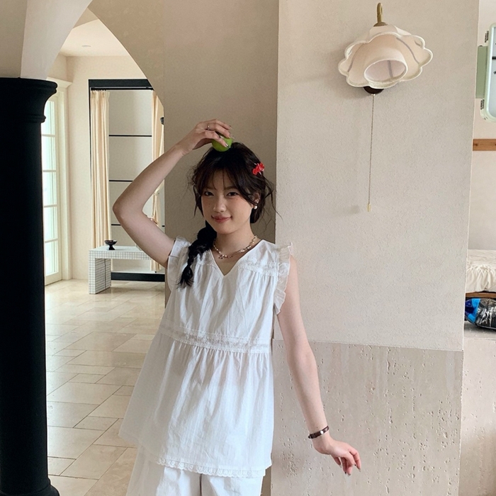 91家纺网 家纺一手货源 找家纺 妍景家居生活馆 2025新款25662-韩系无袖V领套装 白色