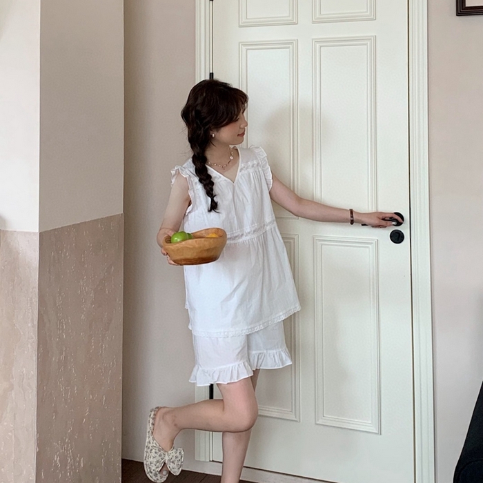 91家纺网 家纺一手货源 找家纺 妍景家居生活馆 2025新款25662-韩系无袖V领套装 白色