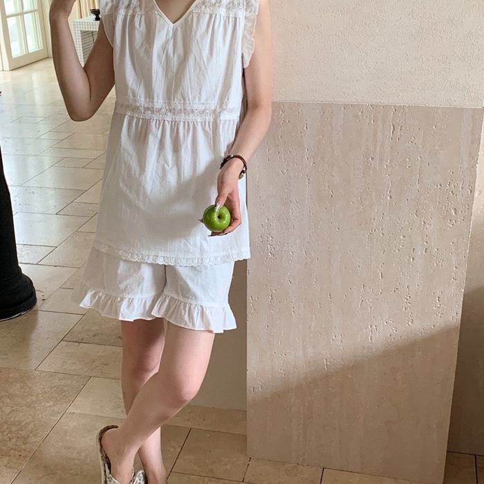 91家纺网 家纺一手货源 找家纺 妍景家居生活馆 2025新款25662-韩系无袖V领套装 白色