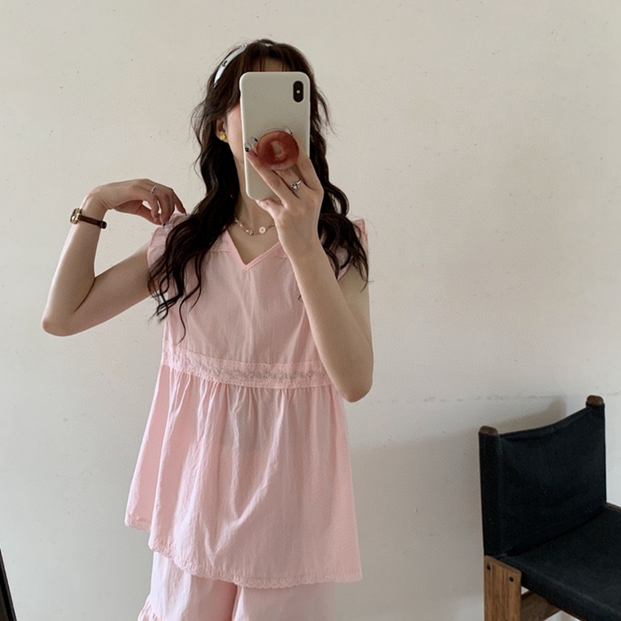 91家纺网 家纺一手货源 找家纺 妍景家居生活馆 2025新款25662-韩系无袖V领套装 粉色