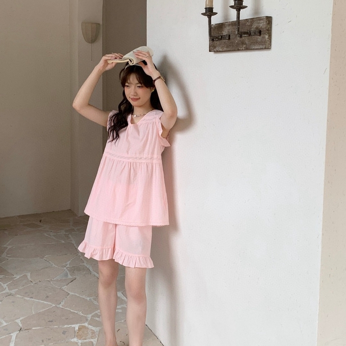 妍景家居生活馆 2025新款25662-韩系无袖V领套装 粉色