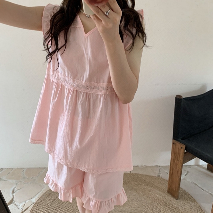 91家纺网 家纺一手货源 找家纺 妍景家居生活馆 2025新款25662-韩系无袖V领套装 粉色