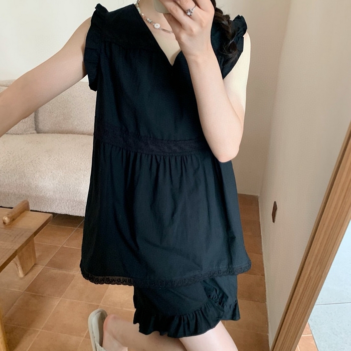 91家纺网 家纺一手货源 找家纺 妍景家居生活馆 2025新款25662-韩系无袖V领套装 黑色