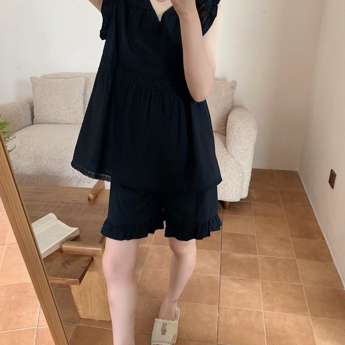 91家纺网 家纺一手货源 找家纺 妍景家居生活馆 2025新款25662-韩系无袖V领套装 黑色