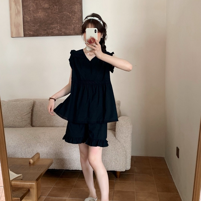 91家纺网 家纺一手货源 找家纺 妍景家居生活馆 2025新款25662-韩系无袖V领套装 黑色