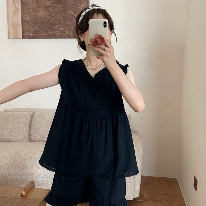 91家纺网 家纺一手货源 找家纺 妍景家居生活馆 2025新款25662-韩系无袖V领套装 黑色