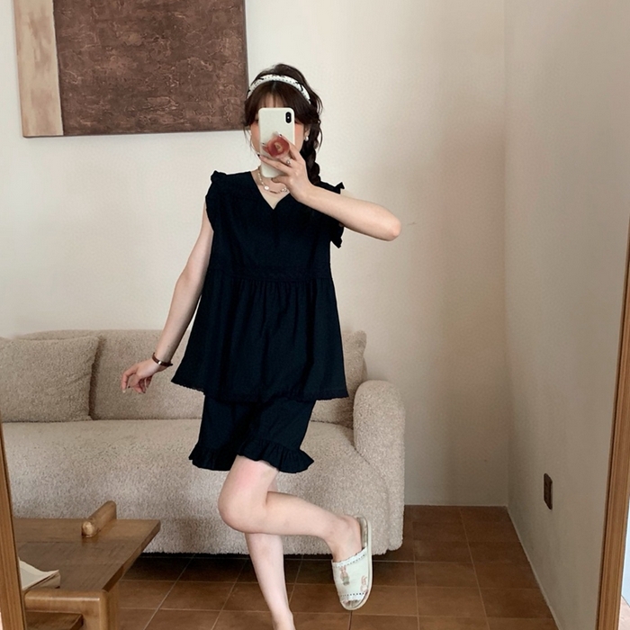 妍景家居生活馆 2025新款25662-韩系无袖V领套装 黑色