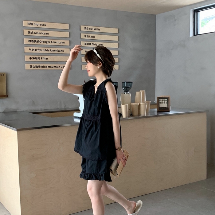 91家纺网 家纺一手货源 找家纺 妍景家居生活馆 2025新款25662-韩系无袖V领套装 黑色