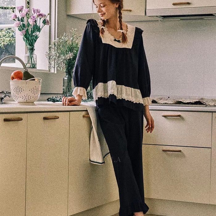 （总）妍景家居生活馆 2025新款82117-韩系方领蕾丝宫廷风套装藏蓝